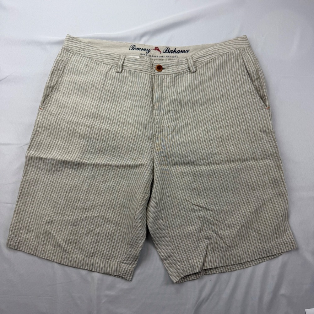 Tommy Bahama Shorts Mens 36 Beige Striped 100% Linen Casual Summer Beach